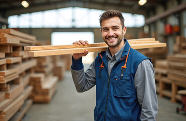 Smiling young carpenter carries wooden bars on shoulder at carpentry shop. Carpenter wearing workwear. Woodworker works at wood processing factory. Construction materials supplier at work. Pro