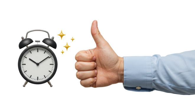 Isolated Thumbs Up Hand and Alarm Clock Symbolizing Timeliness