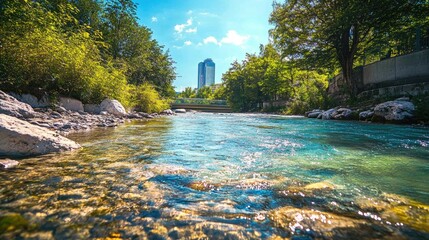A serene river with crystal-clear water flowing through a clean, pollution-free cityscape