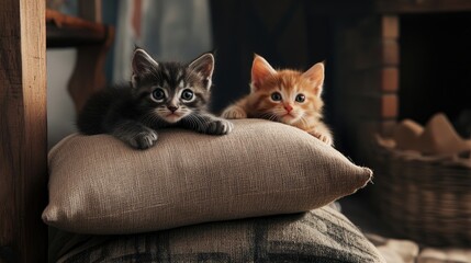 A playful scene of kittens climbing over a stack of soft cushions, full of life