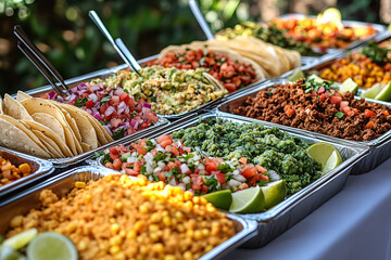 Obraz premium Taco bar buffet with beef, chicken, salsas, guacamole, and toppings. Perfect for Cinco de Mayo, fiesta, outdoor catering, or Mexican-themed events. Mouthwatering close-up.