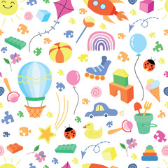 Happy childrens day pattern. Seamless ornament with happy toys colorful. Hand drawn trendy Vector illustration for kids. Good for Fabric, textile, giftware, wallpaper, for book design and more.