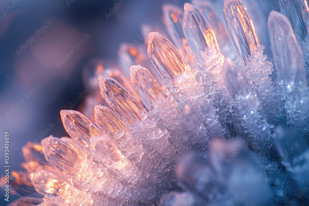 Poster close-up of delicate ice crystals forming intricate patterns, illuminated by soft light.