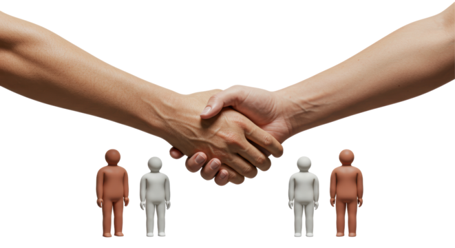 Isolated Handshake Above Clay Figures Representing Partnership