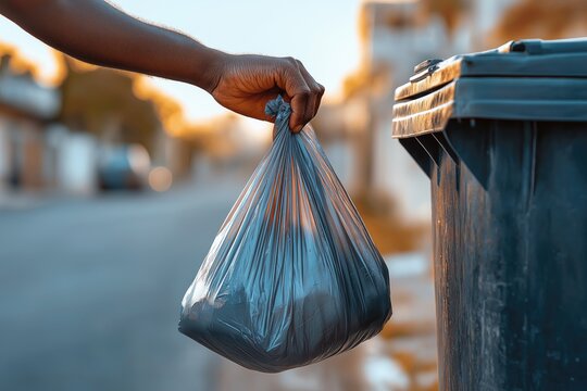 Discarding trash bag into receptacle