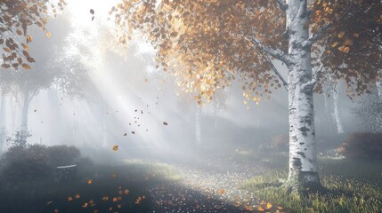 A misty autumn landscape with trees shedding leaves, soft rays of sunlight breaking through the fog on November 3rd