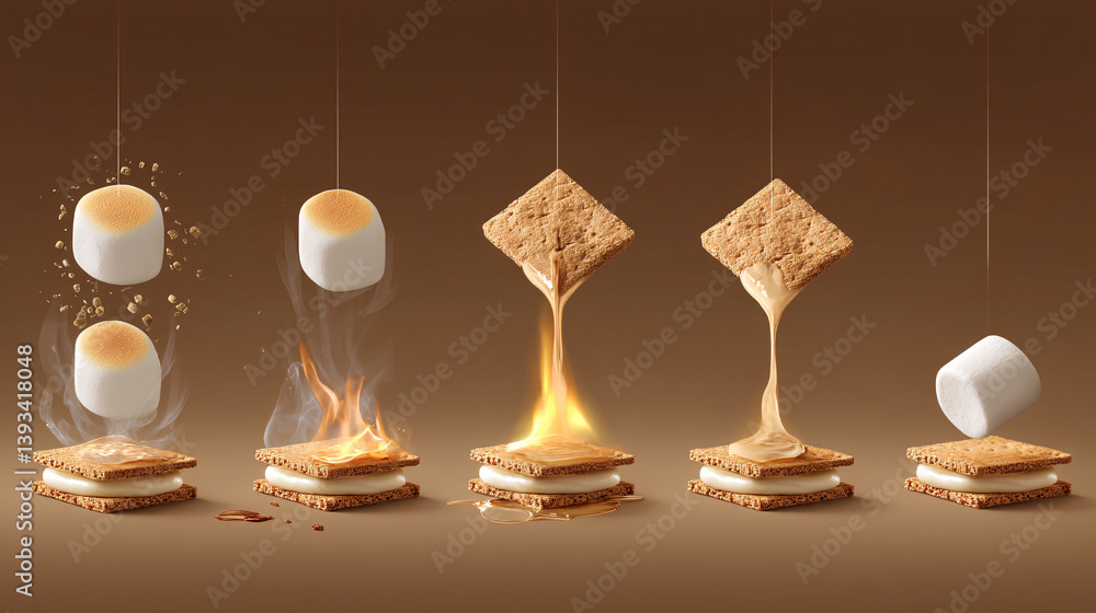 Aufkleber a single, ideal s'more is displayed, with each step of toasting the marshmallow and assembling the t