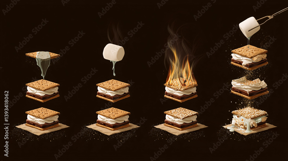 Aufkleber a single, ideal s'more is displayed, with each step of toasting the marshmallow and assembling the t