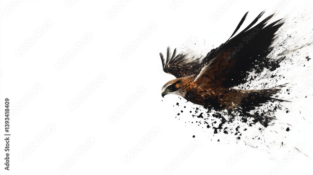 Aufkleber Hawk diving through the air with feathers flowing against a white background in a powerful display of agility and grace
