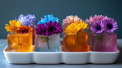 Colorful floral ice cubes in a tray showcasing vibrant flowers, perfect for summer drinks and entertaining, adding a refreshing touch to beverages, floral ice concept