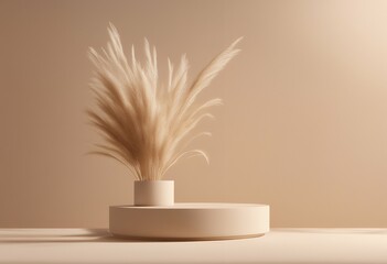 showcase abstract vase 3d pedestal cosmetic beauty minimal render beige background shadow product nature dry grass display promotion bright podium studio pampas composition dais empty fashion blank