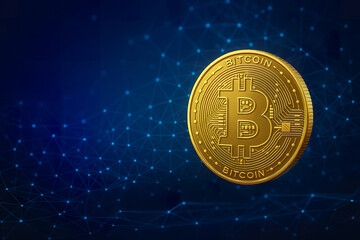 Futuristic Golden Bitcoin Floating Over Blue Digital Network Background