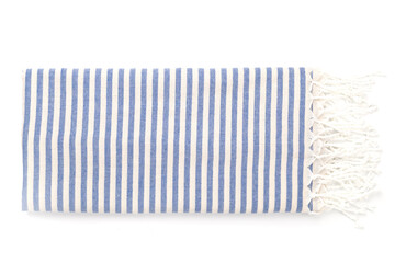 Folded blue beach towel isolated on white, top view