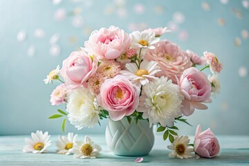 Obraz premium Delicate Floral Still Life A Minimalist Arrangement of Pink and White Roses Peonies and Daisies in a Stunning