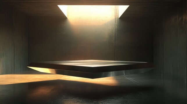 A floating, 3D parallelogram shape with smooth, metallic edges, creating a futuristic feel in a dimly lit room