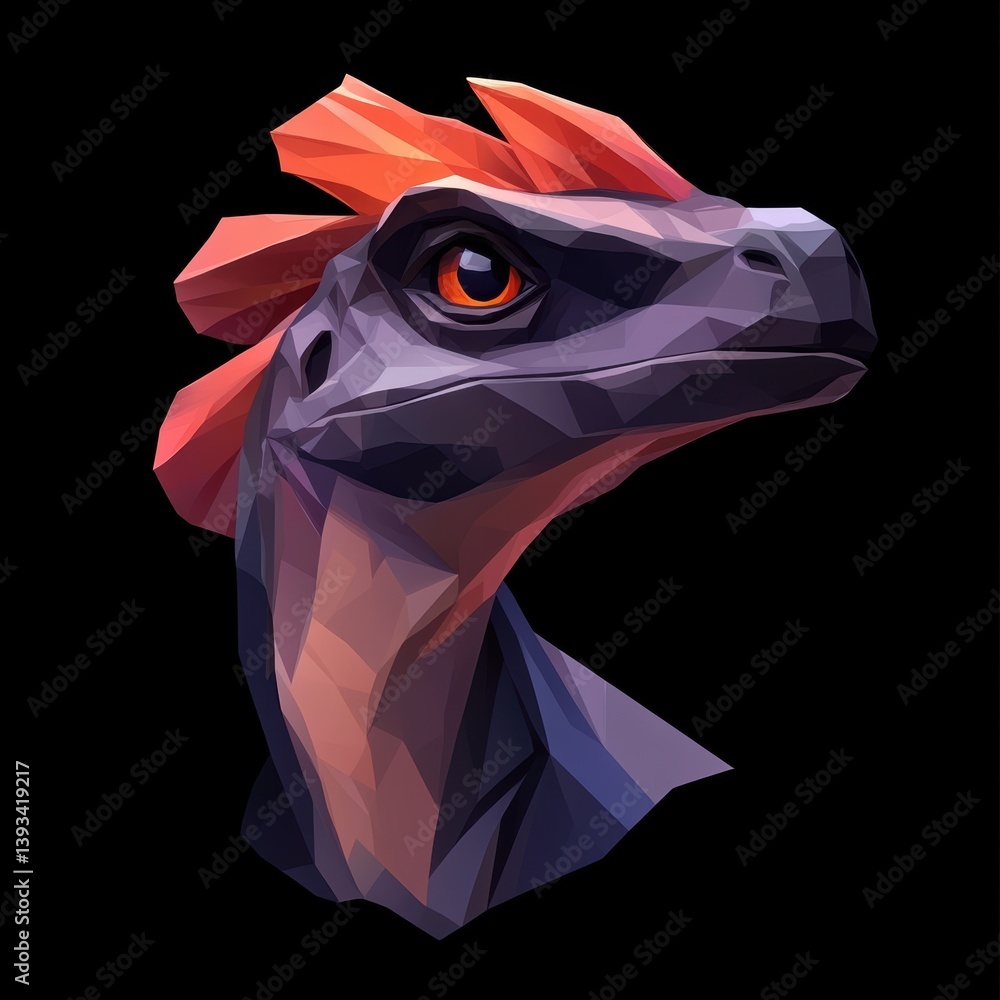 Poster unleashing creativity with a vibrant dilophosaurus design featuring angular shapes and bold colors