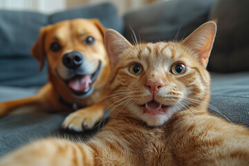 Fototapeta na wymiar Playful cat taking selfie with dog - humorous pet moments captured in cozy home setting