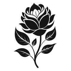 Elegant Black Rose Silhouette with Stem and Leaves on Clean White Background