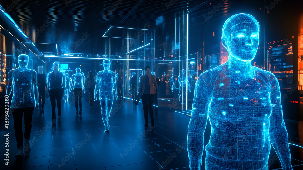 Poster futuristic digital scanning and identification concept in high-tech environment for security and inn