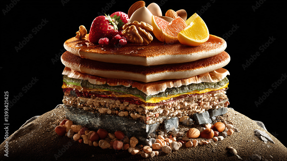 Poster a stack of pancakes visually depicts earths layers, with fruit and nuts standing in for minerals wit