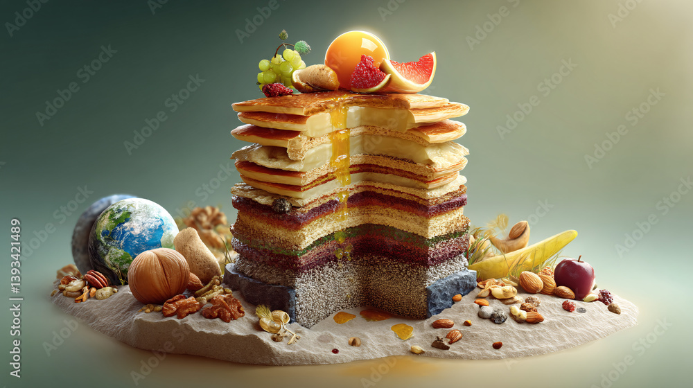 Aufkleber a stack of pancakes visually depicts earths layers, with fruit and nuts standing in for minerals wit