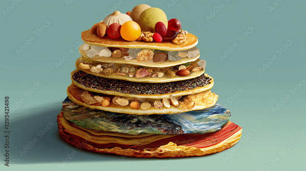 Poster a stack of pancakes visually depicts earths layers, with fruit and nuts standing in for minerals wit