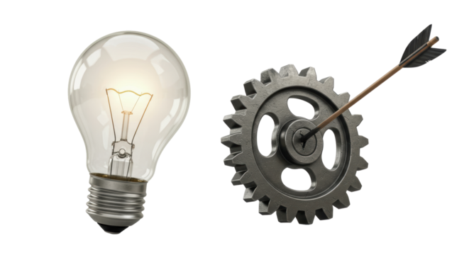 Isolated Light Bulb with Arrow Hitting Cogwheel - Powered by Adobe