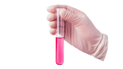 Hand in glove holds test tube with pink liquid, cut out transparent