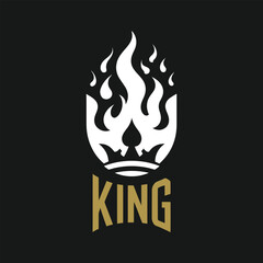 Burning King Crown Logo Graphic Design with Gold Lettering on Black