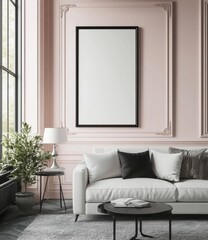 Elegant living room interior with a blank frame