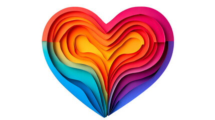 Colorful layered heart shape art, bright colors on black, cut out transparent
