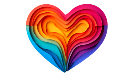 Colorful layered heart shape art, bright colors on black, cut out transparent