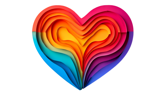 Colorful layered heart shape art, bright colors on black, cut out transparent