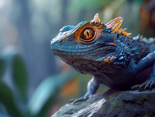 Fototapeta premium A close-up of a basilisks intense eyes as it surveys its surroundings from a rock. The jungle background is blurred, highlighting the creatures detailed scales and the rich colors of its body