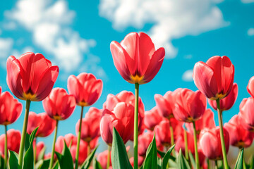 Beautiful red tulips bloom in a sunlit spring field under a bright blue sky with clouds.