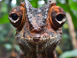 A close-up of a chameleons face, its large eyes darting from side to side. The colorful texture of its skin and the blurred greenery in the background give a sense of camouflage and natures complexity
