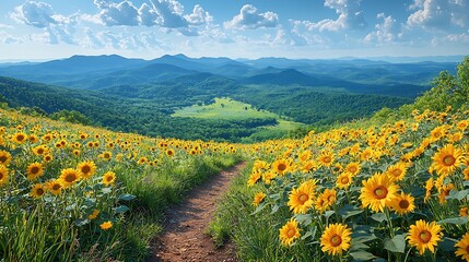 Fototapeta premium Sunflowers Embrace the Vista: A winding path through a field of sunflowers leads the eye towards a breathtaking mountain panorama under a vibrant sky.
