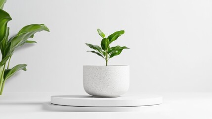 Minimalist plant display on a white pedestal.  A small, vibrant plant sits in a simple, textured, white pot, placed on a round white platform against a clean white background.