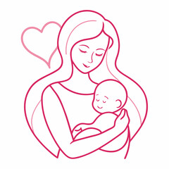 Heart in Her Arms - Minimal Mom and Baby with Floating Heart, Line art illustration of a mother and child for Mother's Day logo vector.