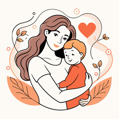 Warm Hug - Whimsical Mother and Child in Nature Frame, Line art illustration of a mother and child for Mother's Day logo vector.