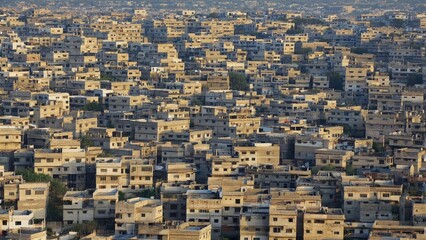 Urban landscape with towering skyscrapers and busy streets