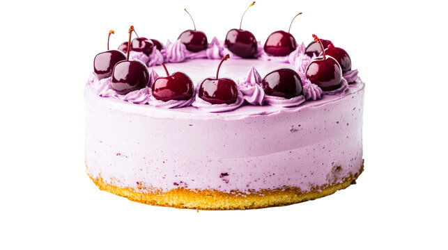 Cherry cake with cream decoration and cherry toppings, cut out transparent
