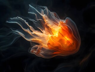 Vibrant Glowing Jellyfish in Underwater Marine Ecosystem: Mystical Sea Life and Fluid Movement