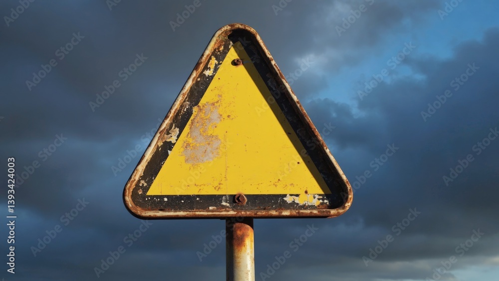 Aufkleber a yellow triangular warning sign perched atop a metal pole, ideal for use in infrastructure or const