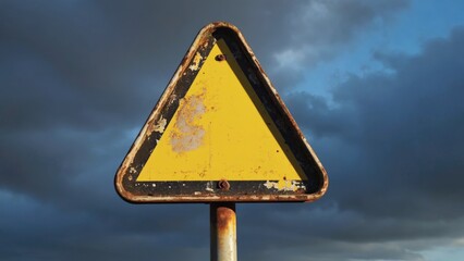 A yellow triangular warning sign perched atop a metal pole, ideal for use in infrastructure or construction contexts
