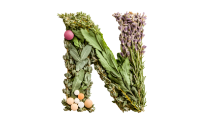 Letter N Herbs, Lavender, and Pills Isolated Against Black, cut out transparent