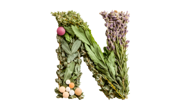 Letter N Herbs, Lavender, and Pills Isolated Against Black, cut out transparent