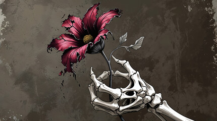 A wilting flower with cracked petals held by a skeleton's hand, symbolic allegorical figurative
