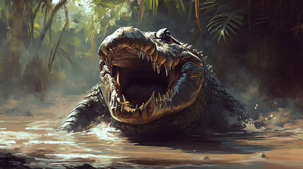 A crocodile on the shore of a river, its jaws wide open in a defensive posture. The muddy water surrounds its thick, armored skin, and the distant sounds of wildlife echo through the jungle