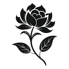 Elegant Flower Silhouette, Detailed Blossom with Stem and Leaves, Floral Design, Black